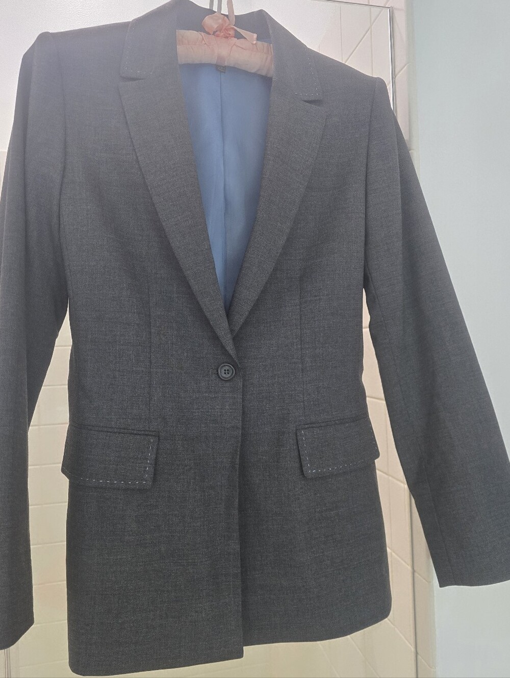 ANTONIO MELANI Charcoal Gray Single-Button Blazer,97% Wool. Lined,Blue Trim Sz:2